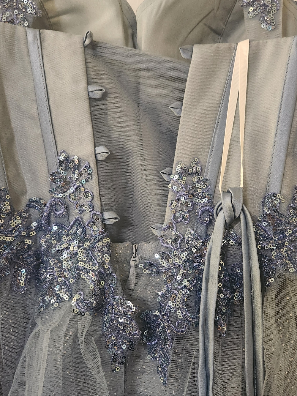 Satin & Tulle Dusty Blue Party Mini Dress - Picture 6 of 16